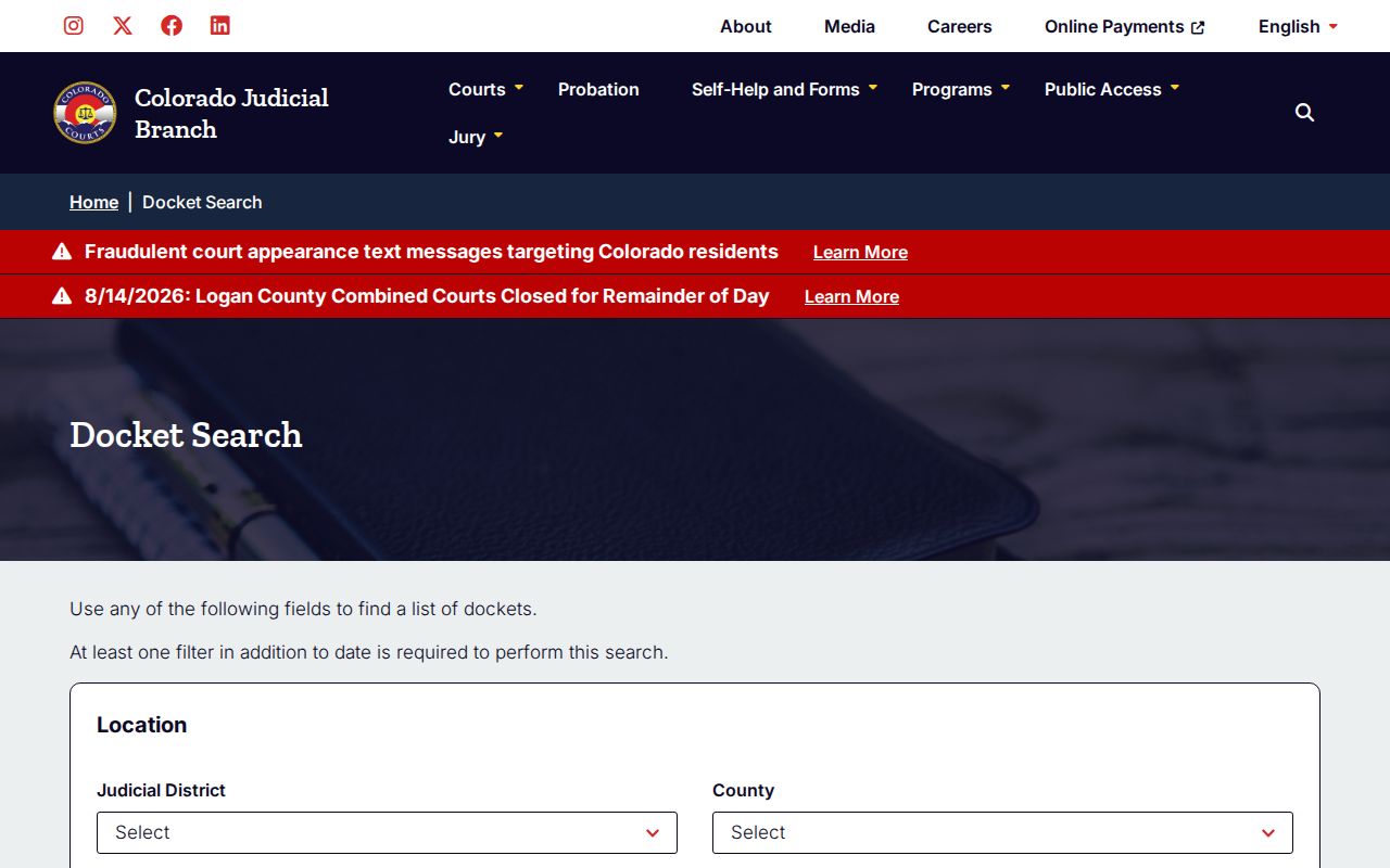 Lincoln County court docket search filters on the Colorado Judicial Branch site